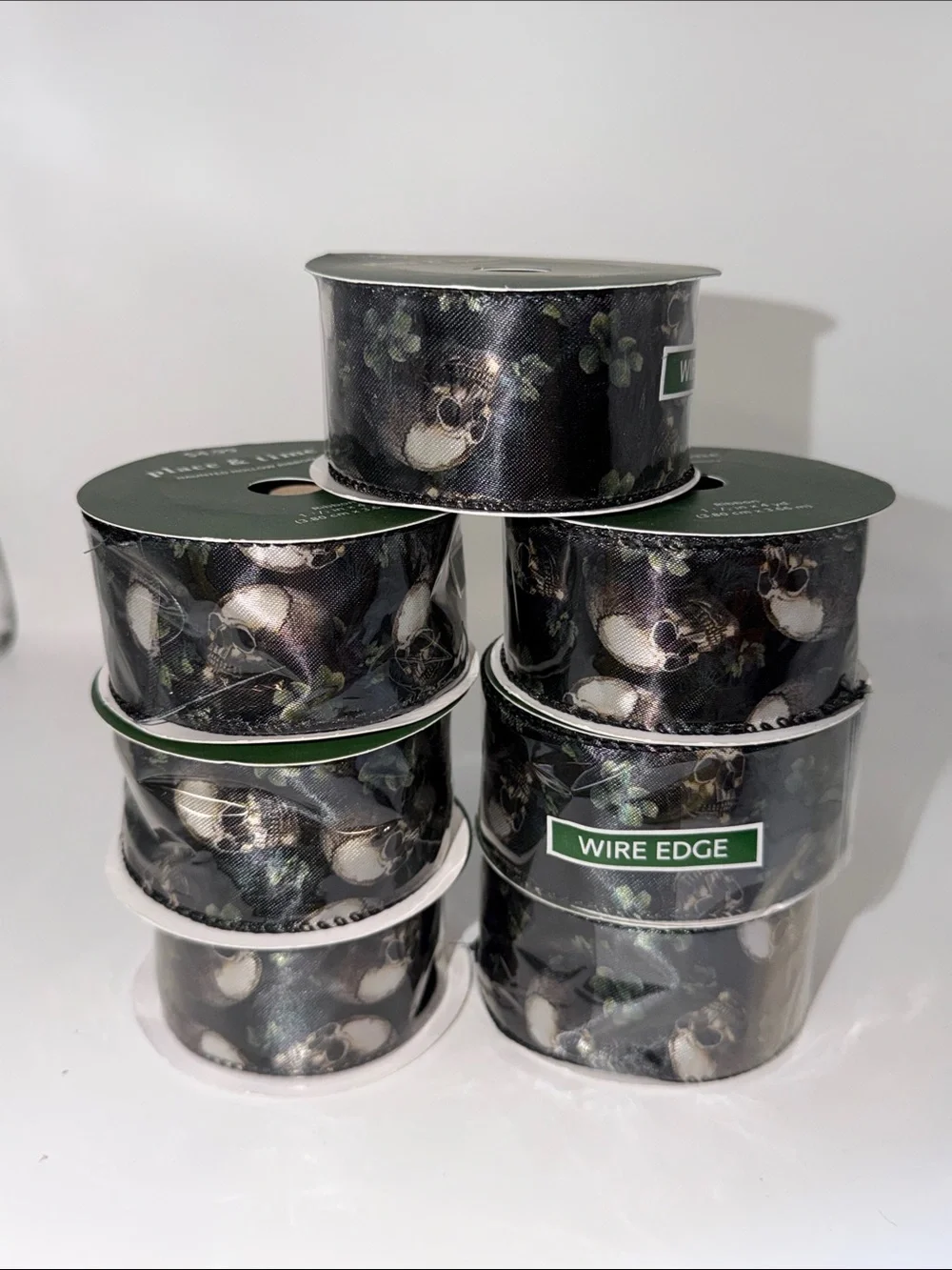 Halloween Skull Wired Edge Ribbon Spool Bundle Lot Gothic Botanical Craft Black